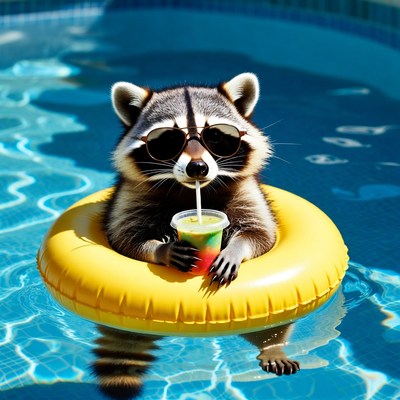 Raccoon in yellow floatie drinking smoothie