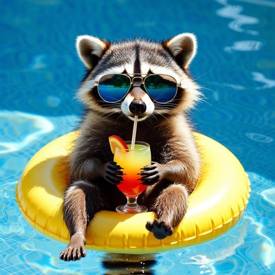 Raccoon in sunglasses with drink on pool float