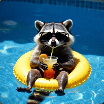 Raccoon in sunglasses on pool float