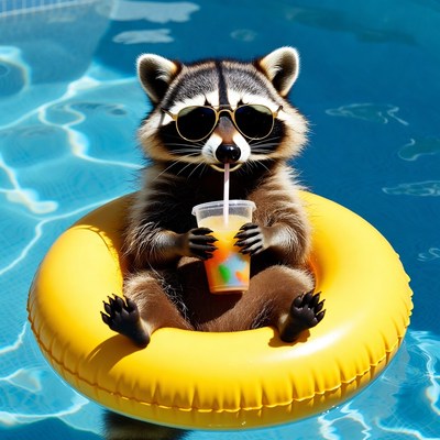 Raccoon in sunglasses on pool float