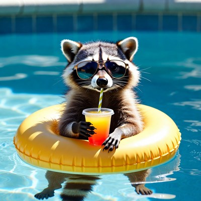 Raccoon in sunglasses on pool float