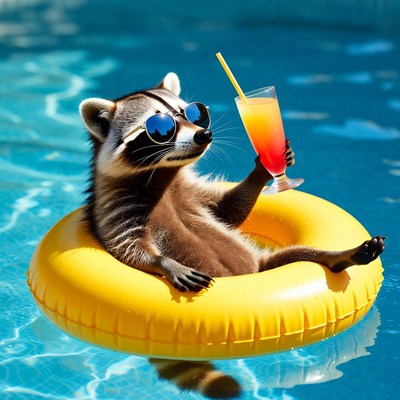 Raccoon in sunglasses on pool float