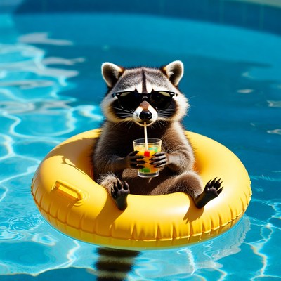 Raccoon in sunglasses on pool float