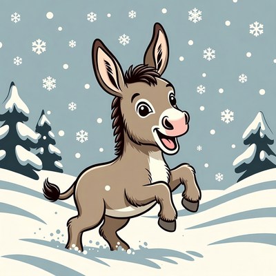 Cartoon Donkey Playing in Snow