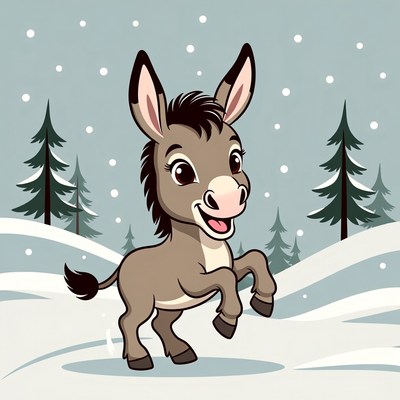 Cute cartoon donkey in snowy forest