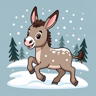Cute cartoon donkey running in snow