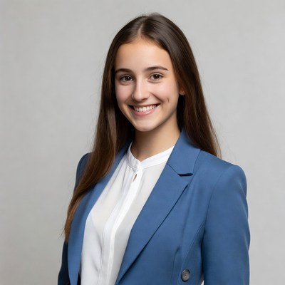 Young woman in blue blazer smiling