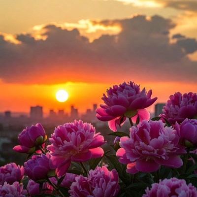 Pink Peonies at Sunset with City Skyline