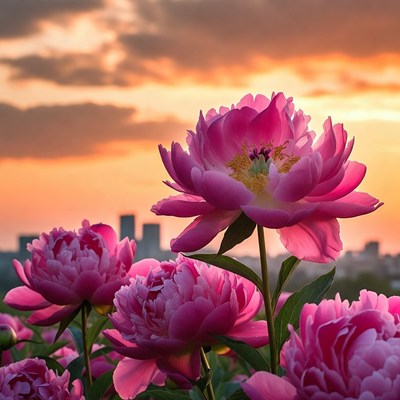 Pink Peonies at Sunset with City Skyline