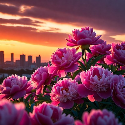 Pink Peonies at Sunset with City Skyline