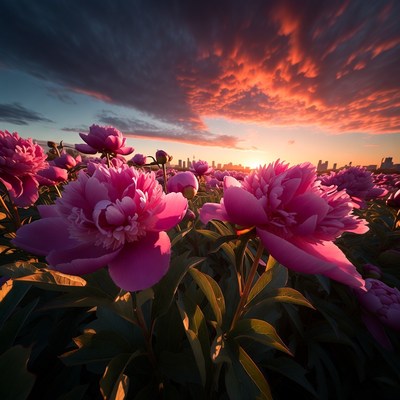 Pink Peonies in Sunset Field