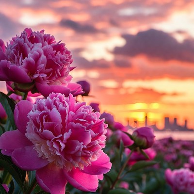 Pink Peonies in Sunset Field