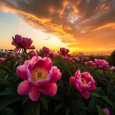 Pink Peonies at Sunset with City Skyline