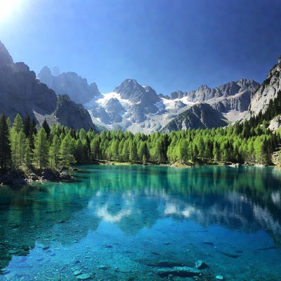 Turquoise lake amid snowy mountains