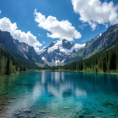 Turquoise Lake with Snowy Mountains