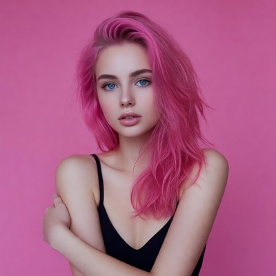 Woman with pink hair on pink background