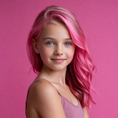 Girl with pink hair on pink background