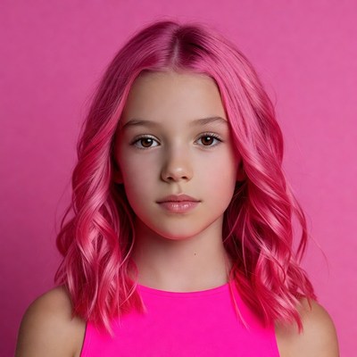 Girl with pink hair on pink background