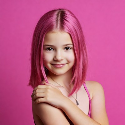 Girl with pink hair on pink background