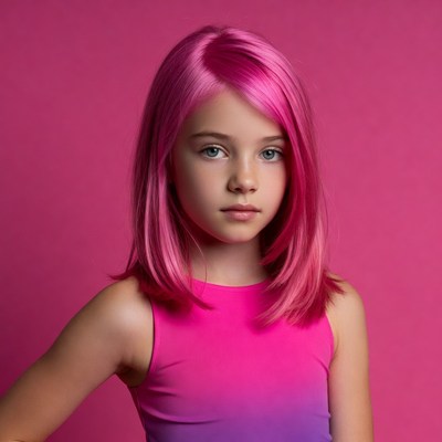 Girl with pink hair on pink background