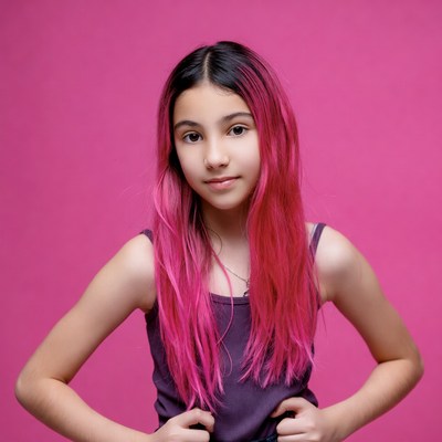 Girl with pink hair on pink background