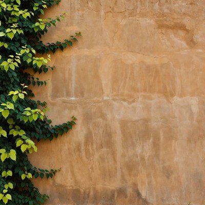 Green ivy climbing beige wall