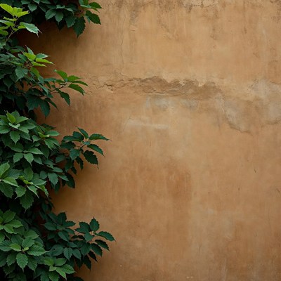 Green ivy climbing beige wall