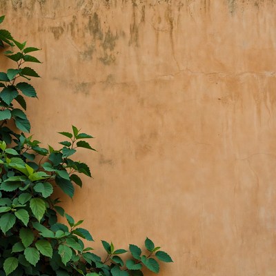 Green leaves on textured beige wall