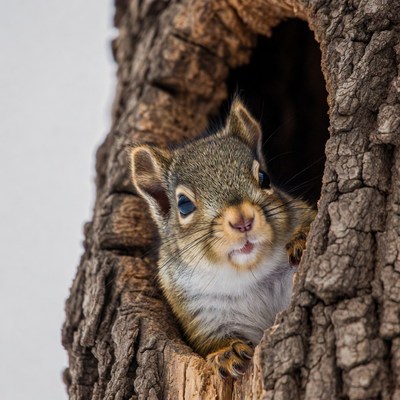 Squirrel peeking from tree hole
