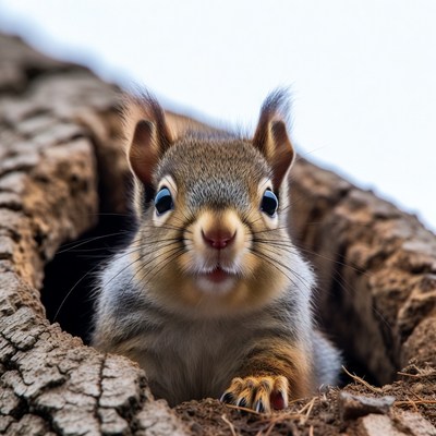 Squirrel peeking from tree hole