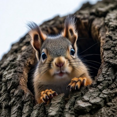 Squirrel peeking from tree hole