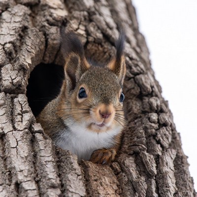 Red squirrel peeking from tree hole