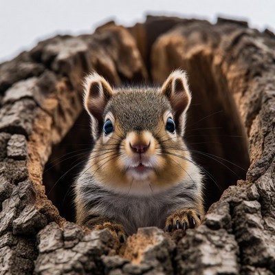 Cute squirrel peeking from tree hole
