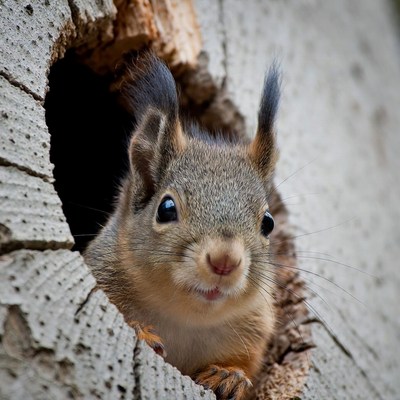 Squirrel peeking from tree hole