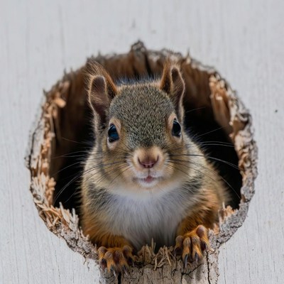 Squirrel peeking from tree hole