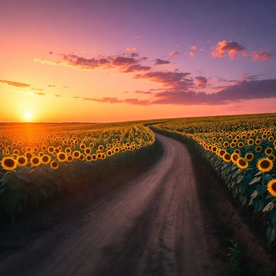 Sunflower Field Path at Sunset