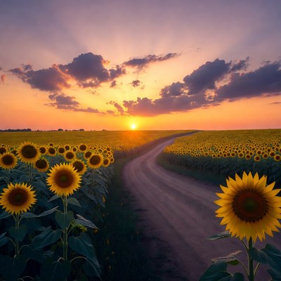 Sunset over sunflower field path