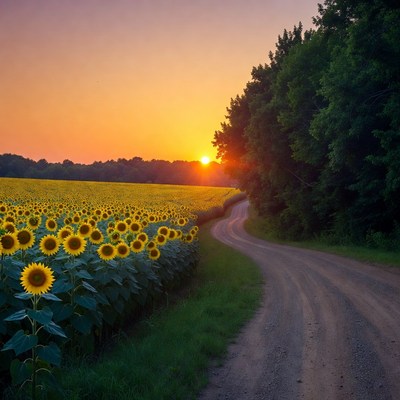 Sunflower Field with Sunset Road