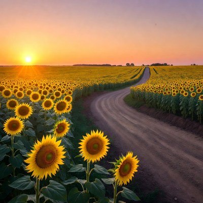 Sunflowers Field with Winding Dirt Path
