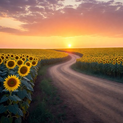 Sunflower Field Path at Sunset