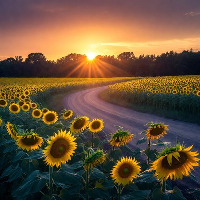 Sunflower Field Winding Path Sunset