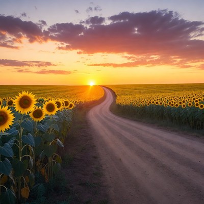 Sunflowers Field with Winding Road at Sunset