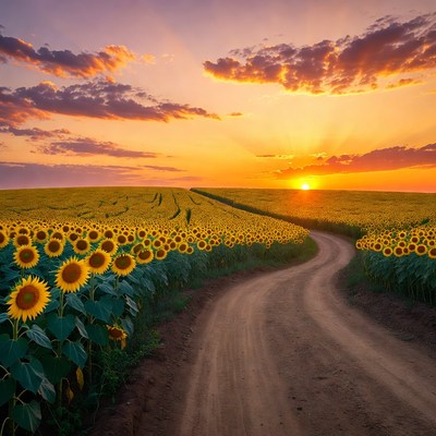 Sunset over Sunflower Field Path