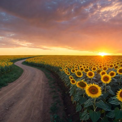 Winding path through sunflower field at sunset