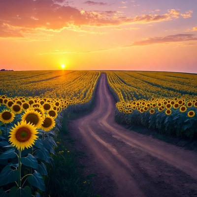 Sunflowers Field with Dirt Path at Sunset