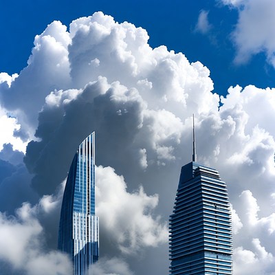 Skyscrapers Amid Fluffy Clouds