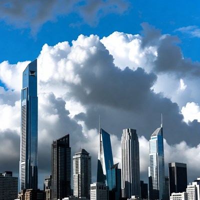 Modern skyscrapers under blue sky and clouds