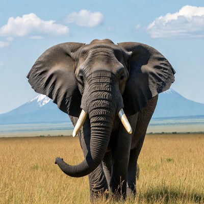 Elephant standing in savanna with Mount Kilimanjaro