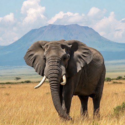 Elephant standing in savanna with Mount Kilimanjaro