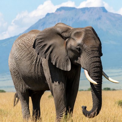 Elephant standing in savanna with mountain